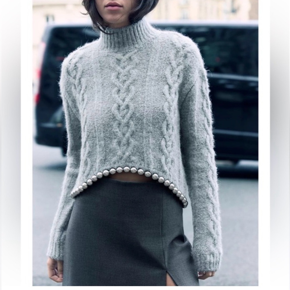 Zara Heather Gray Cable Knit Turtleneck Sweater with Metal Bobble Trim